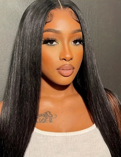 Premium 26+ Inch Straight 4x4 Lace Wig – Natural Human Hair, Pre-Plucked, Transparent Swiss Lace, Can Be Permed"