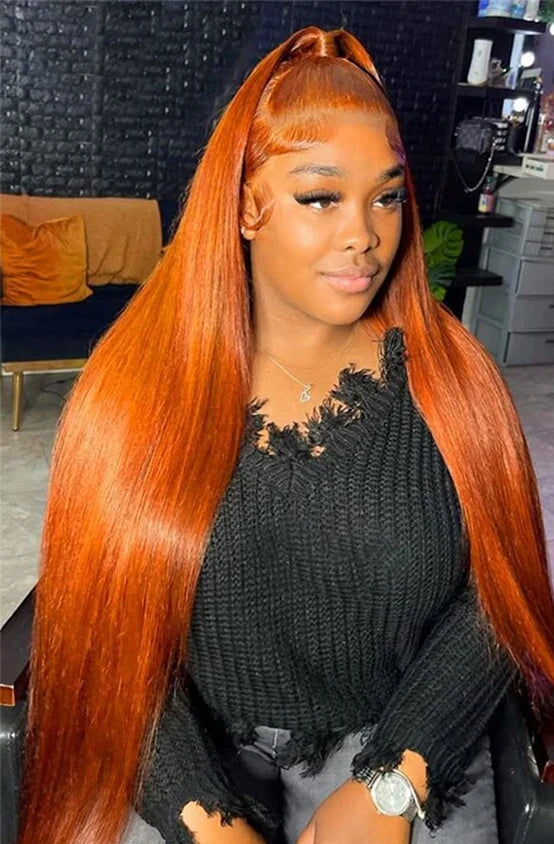Orange Ginger Straight Human Hair Lace Front Wig – HD Transparent 13x4 & 13x6 Lace Frontal Wig