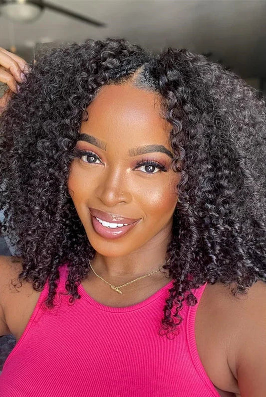 V/U Part Jerry Curl Human Hair Wig – No Glue, Natural Hairline, Pre-Plucked with Baby Hair