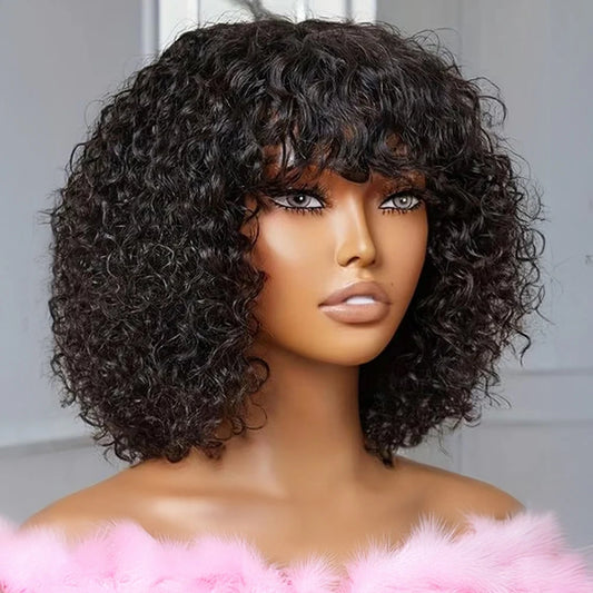 Short Jerry Curl Peruvian Human Hair Wig – Natural Texture, Dyeable in Dark Shades