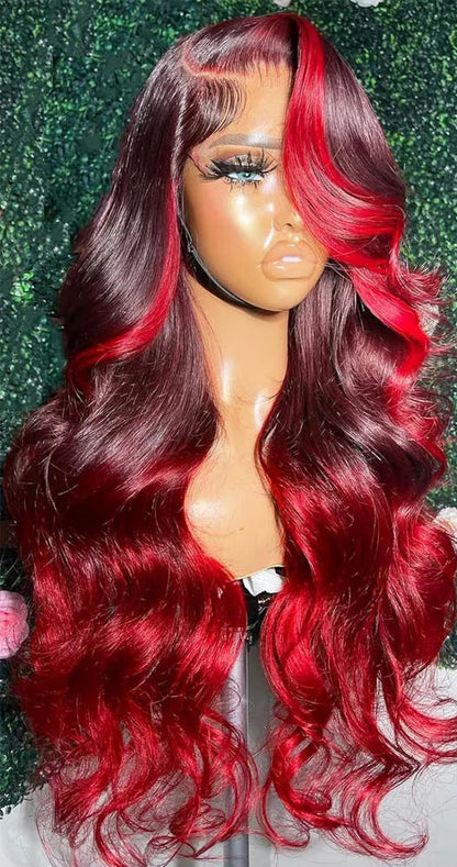 Ombre Red Lace Front Wig – Long Wavy Heat-Resistant Synthetic Hair for Black Women