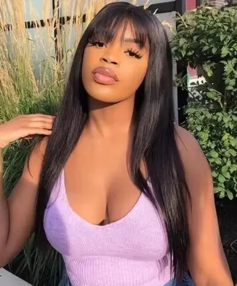Straight Human Hair Wig with Bangs – 100% Virgin Hair, Natural Black, 14-26 Inches