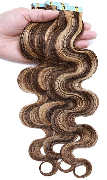 Premium Tape In Hair Extensions – 100% Human Hair, Wavy, Ombre & Piano Colors, 12" to 24", Reusable, Length & Volume Enhancement, Dyeable & Permed