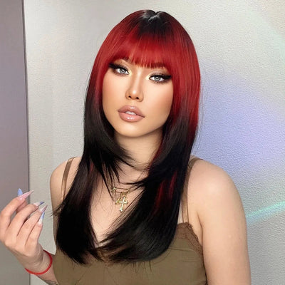 Ombre Red to Black Synthetic Wig with Bangs - Long Straight Layered, Heat Resistant, Cosplay Ready