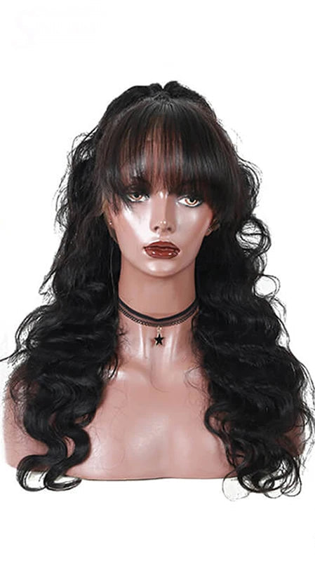 Body Wave Human Hair Lace Front Wig with Bangs – 13x4 Transparent Lace, Glueless, High Density, Available in Multiple Lengths