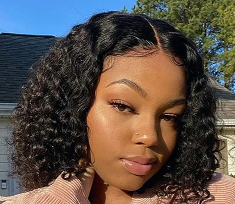 Short Deep Wave Lace Front Wig – 100% Human Hair, 13x4 Transparent Lace, Customizable Colors