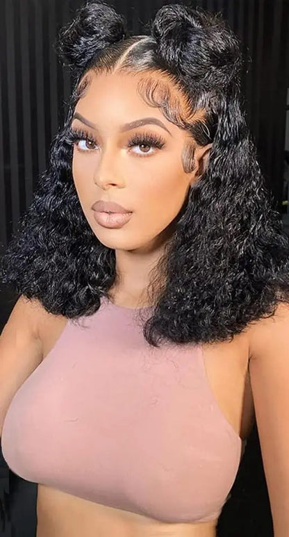 Short Deep Wave Lace Front Wig – 100% Human Hair, 13x4 Transparent Lace, Customizable Colors