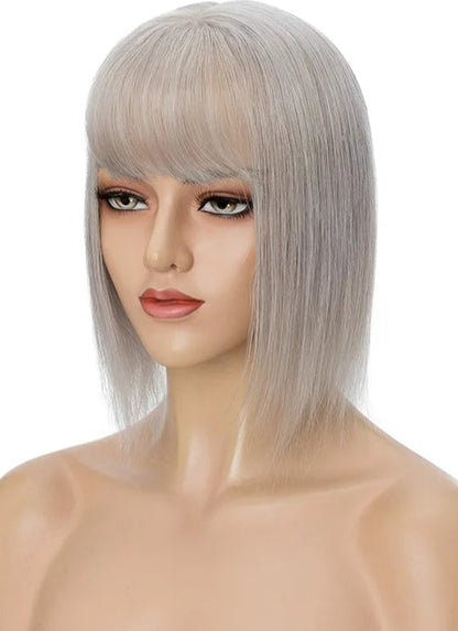 Premium Human Hair Topper with Bangs | Straight Silk Base 100% Real Hair