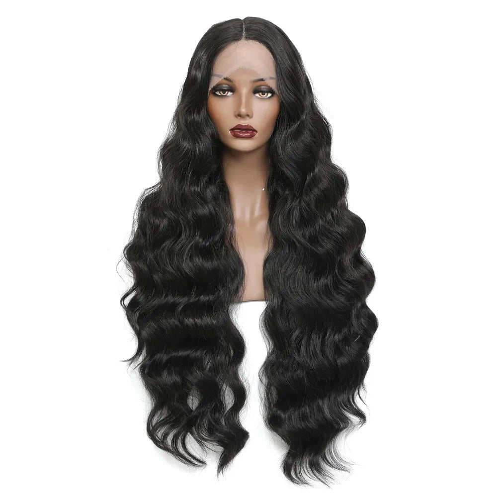 30-32 Inch Wavy Lace Front Wig – High-Temperature Fiber, Natural Style with Middle, Side & Free Parting Options