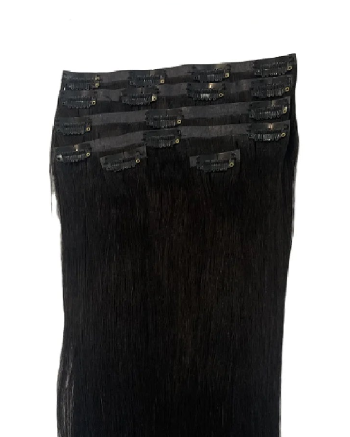Seamless Clip-In Hair Extensions – 100% Virgin Indian Straight Hair, No Chemicals, 6pcs/Set, Natural Black