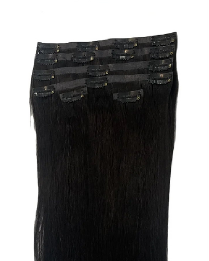 Seamless Clip-In Hair Extensions – 100% Virgin Indian Straight Hair, No Chemicals, 6pcs/Set, Natural Black