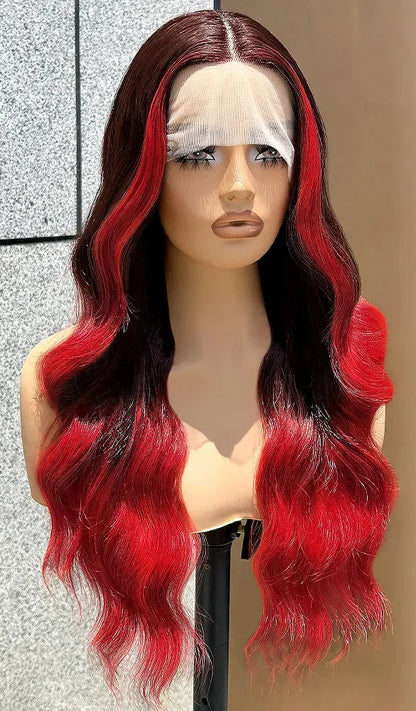 Ombre Red Lace Front Wig – Long Wavy Heat-Resistant Synthetic Hair for Black Women