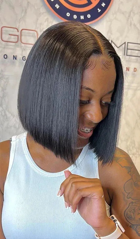 13x4 Lace Front Straight Bob Wig – 100% Human Hair, Natural Black, Pre-Plucked for a Flawless Look
