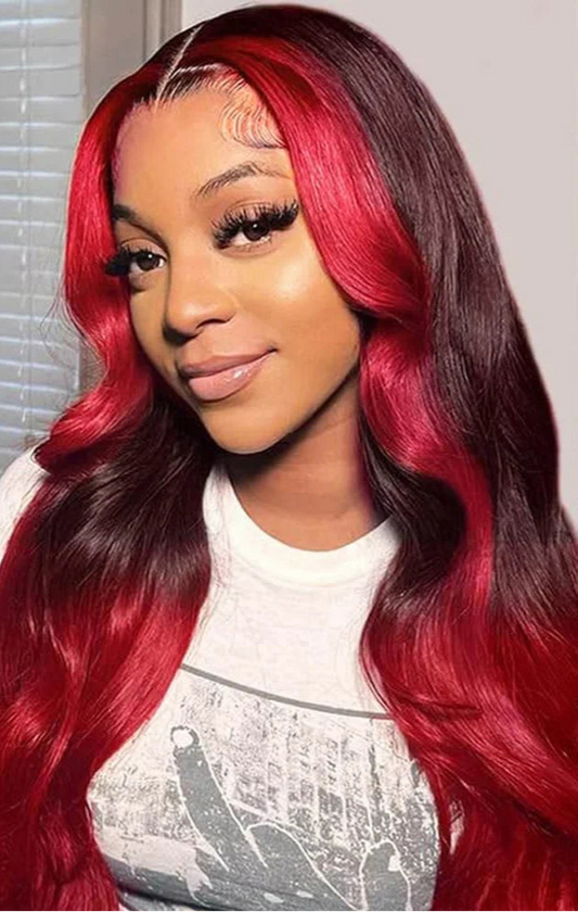 Ombre Red Lace Front Wig – Long Wavy Heat-Resistant Synthetic Hair for Black Women