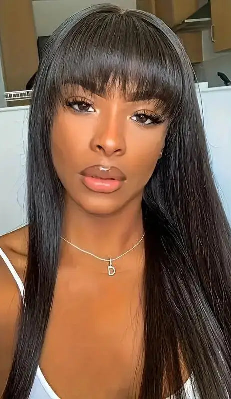 Straight Human Hair Wig with Bangs – 100% Virgin Hair, Natural Black, 14-26 Inches