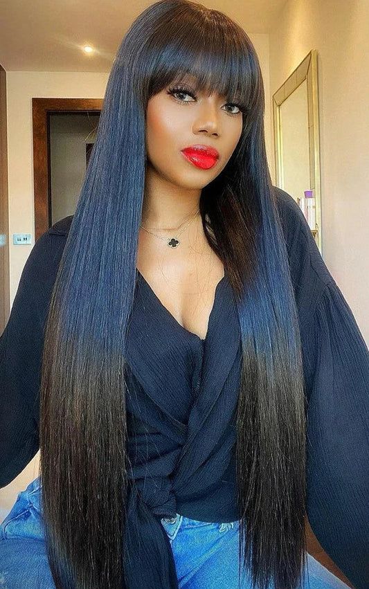 Straight Lace Front Human Hair Wigs with Bangs – 4x4/13x4 Transparent HD Lace, Natural Color, 12–30 Inches