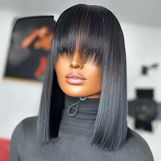 Short Straight Bob Wig with Bangs – 100% Unprocessed Human Hair, 180% Density, Natural Black