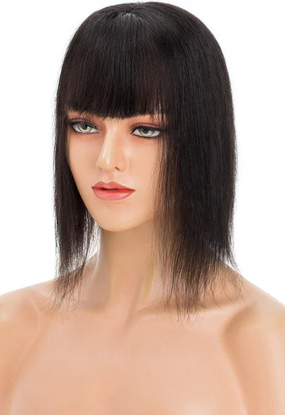 Premium Human Hair Topper with Bangs | Straight Silk Base 100% Real Hair