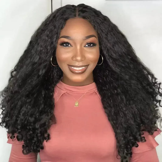 V-Part Medium Straight Wig for Women – High-Temperature Fiber, No Glue, Easy to Install, Dark Brown Afro Style