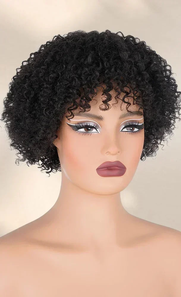 Short Jerry Curl Wig – 100% Virgin Human Hair, Afro Kinky Curly Wig with Bangs, 6-Inch Bob Style