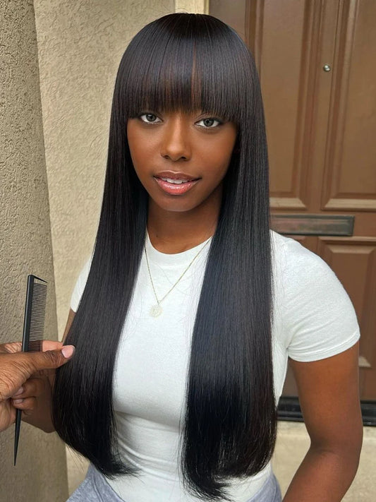 Straight Natural Human Hair Wig – Machine Made, Medium Cap, 1B Off Black, Full & Tangle-Free