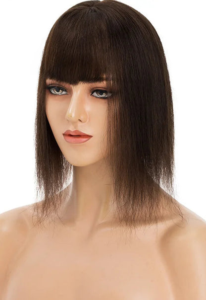 Premium Human Hair Topper with Bangs | Straight Silk Base 100% Real Hair