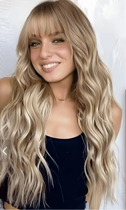 Dirty Blonde Loose Wave Synthetic Wig with Bangs – Heat-Resistant Daily Wear Wig