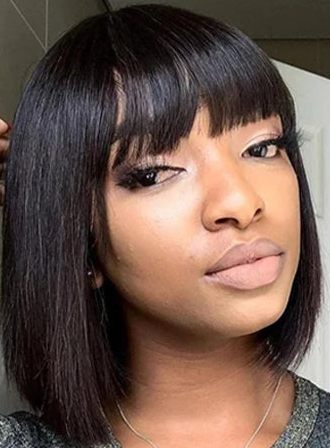 Peruvian Straight Bob Wig with Bangs - 100% Human Hair, No Shedding, Glueless Fringe Wig
