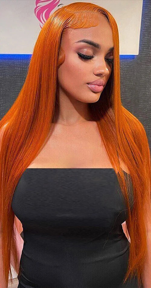 Orange Ginger Straight Human Hair Lace Front Wig – HD Transparent 13x4 & 13x6 Lace Frontal Wig