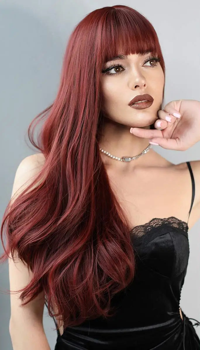 Long Wavy Purple Synthetic Wig with Bangs – Heat Resistant Cosplay Wig for Women, Daily Use & Party Style