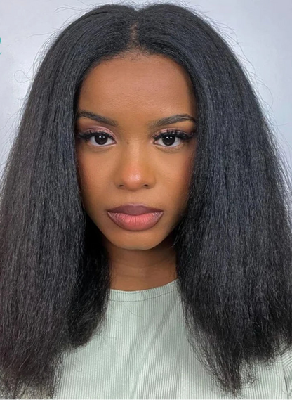 Kinky Straight Bob Wig with Pre-Plucked 4C Edges – 100% Hair, 4x4/13x4 Lace Frontal, Natural Black