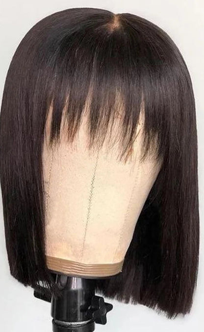 Peruvian Straight Bob Wig with Bangs - 100% Human Hair, No Shedding, Glueless Fringe Wig
