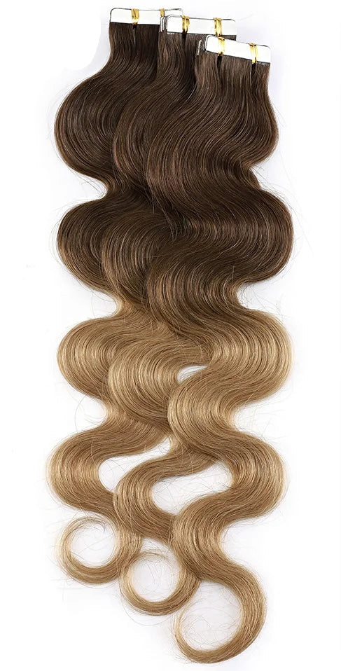 Premium Tape In Hair Extensions – 100% Human Hair, Wavy, Ombre & Piano Colors, 12" to 24", Reusable, Length & Volume Enhancement, Dyeable & Permed