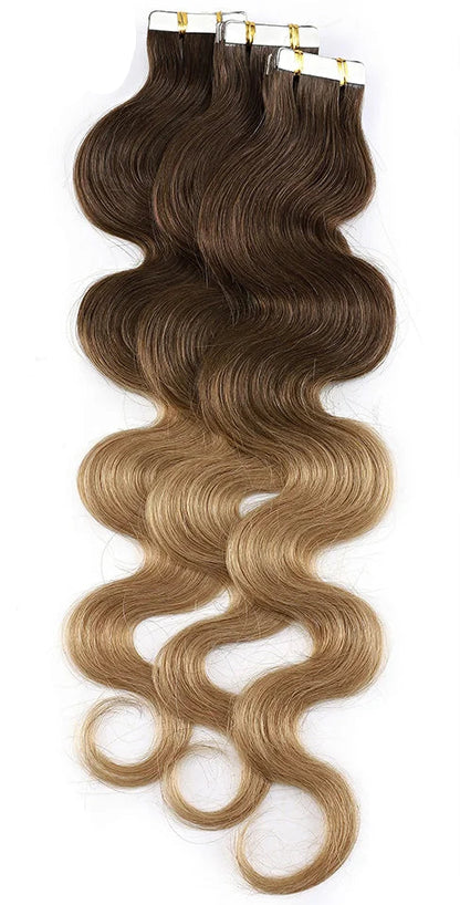 Premium Tape In Hair Extensions – 100% Human Hair, Wavy, Ombre & Piano Colors, 12" to 24", Reusable, Length & Volume Enhancement, Dyeable & Permed