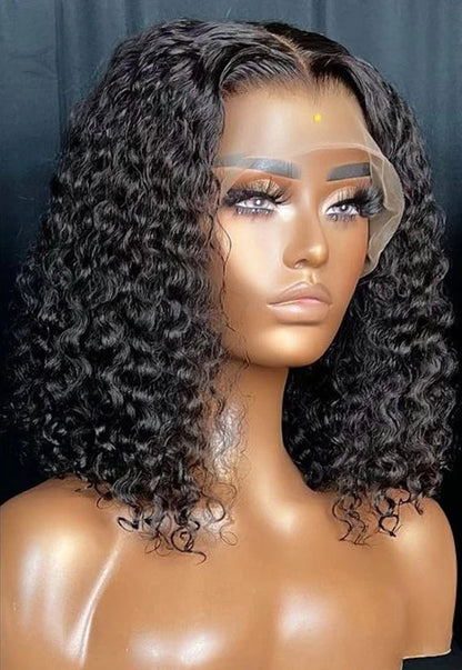 Deep Wave Curly Short Bob Wig – 100% Human Hair, Pre-Plucked Lace, 180%-200% Density, Natural Black