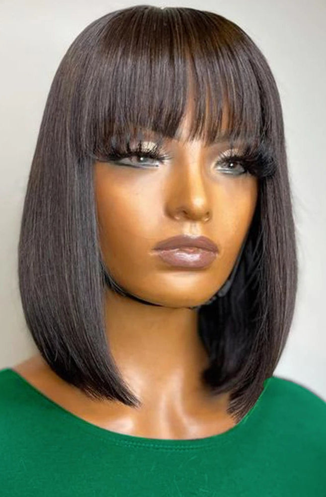 Peruvian Straight Bob Wig with Bangs - 100% Human Hair, No Shedding, Glueless Fringe Wig