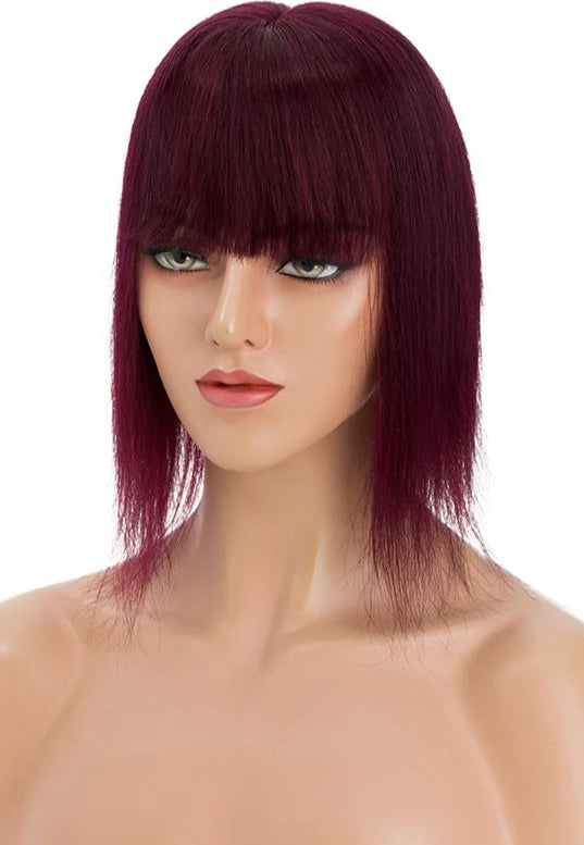 Premium Human Hair Topper with Bangs | Straight Silk Base 100% Real Hair