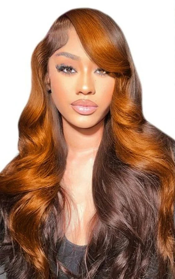 Ombre Brown Blonde Wavy Synthetic Lace Front Wig – Ginger Orange Highlights, Heat-Resistant & Glueless, Pre-Plucked for Natural Look