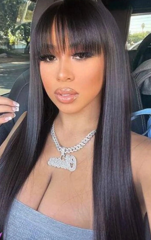 Straight Human Hair Wig with Bangs – 100% Virgin Hair, Natural Black, 14-26 Inches