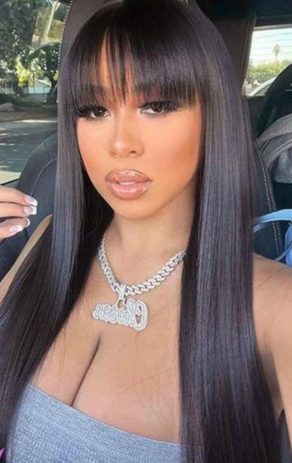 Straight Human Hair Wig with Bangs – 100% Virgin Hair, Natural Black, 14-26 Inches