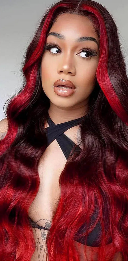 Ombre Red Lace Front Wig – Long Wavy Heat-Resistant Synthetic Hair for Black Women