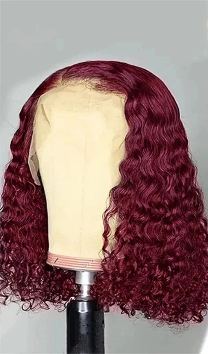 99J Burgundy Water Wave Lace Front Bob Wig – 100% Human Hair, Pre-Plucked, 13x4 Lace Closure