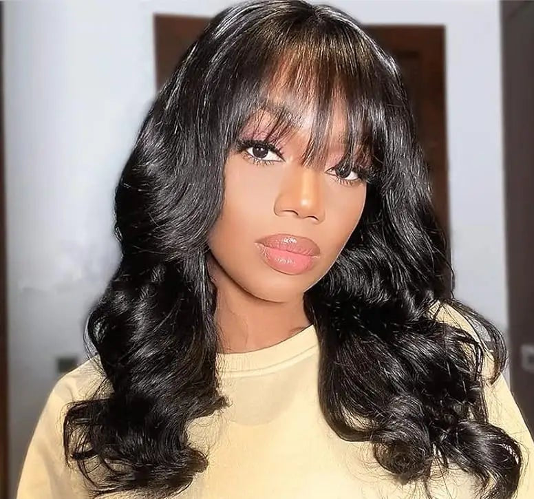 Body Wave Human Hair Wig with Bangs – 3x1 Glueless, 180% Density, Natural Black, Long Lengths (18–30 Inches)