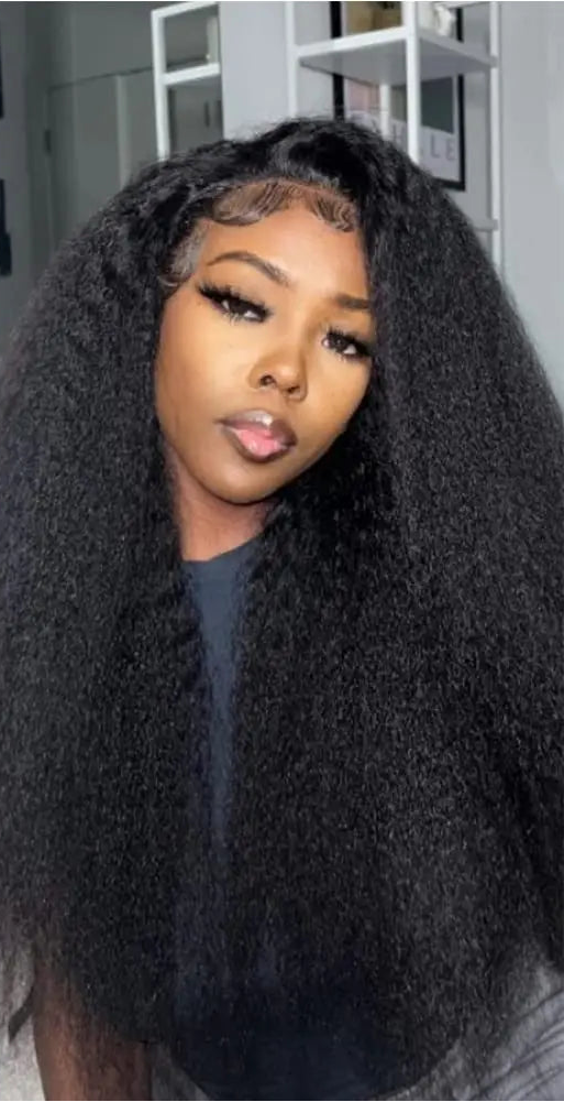 Kinky Straight 360 Lace Frontal Wig – Long 26+ Inch Human Hair, Transparent Lace, Perm-Friendly