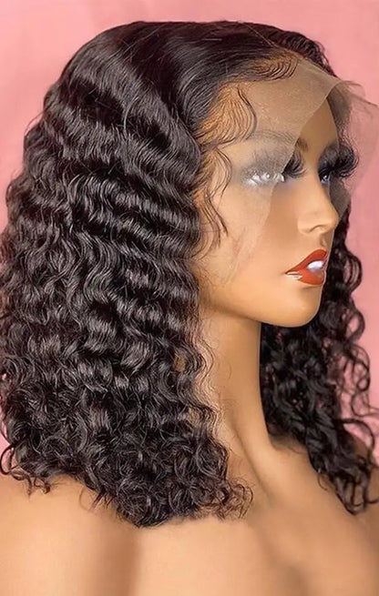 Short Deep Wave Lace Front Wig – 100% Human Hair, 13x4 Transparent Lace, Customizable Colors