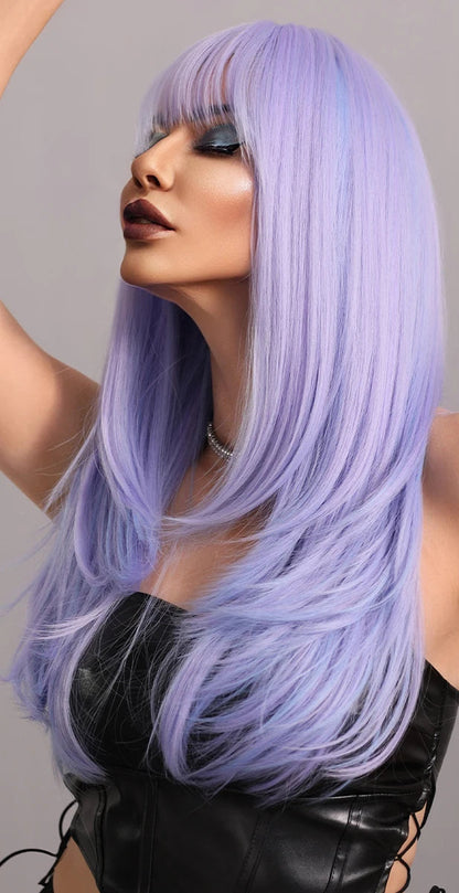 Long Wavy Purple Synthetic Wig with Bangs – Heat Resistant Cosplay Wig for Women, Daily Use & Party Style