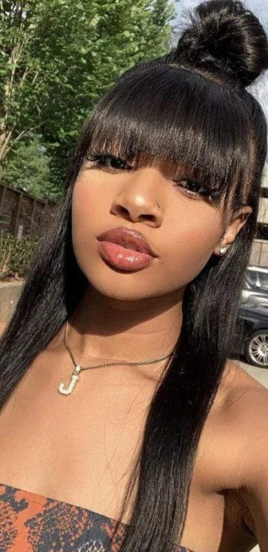 Straight Human Hair Wig with Bangs – 13x4 Lace Front & 5x5 Lace Closure, HD Transparent Lace, 180% Density, Pre-Plucked, Ready to Wear