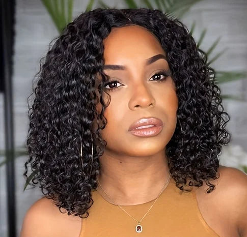 13x4 Deep Wave Bob Wig – 100% Human Hair, 180% Density, Short Bob, Transparent Lace, Natural Black Color, 10 Inch