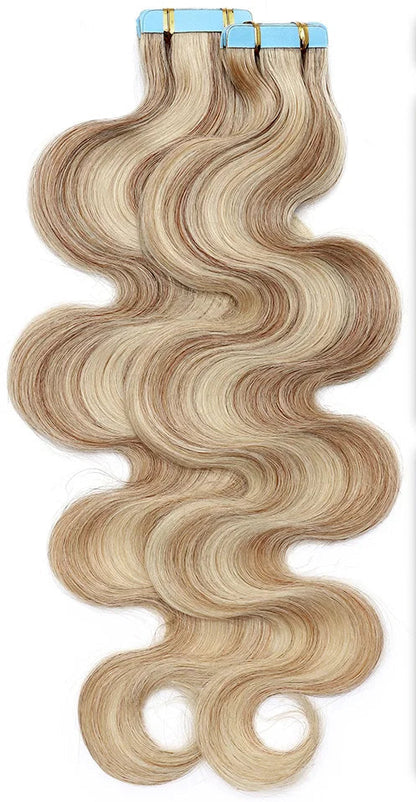 Premium Tape In Hair Extensions – 100% Human Hair, Wavy, Ombre & Piano Colors, 12" to 24", Reusable, Length & Volume Enhancement, Dyeable & Permed