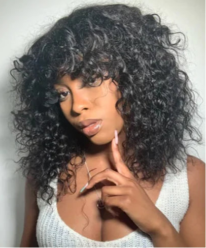 Virgin Straight Human Hair Wig with Wispy Bangs – Glueless, 150% Density, Medium Cap